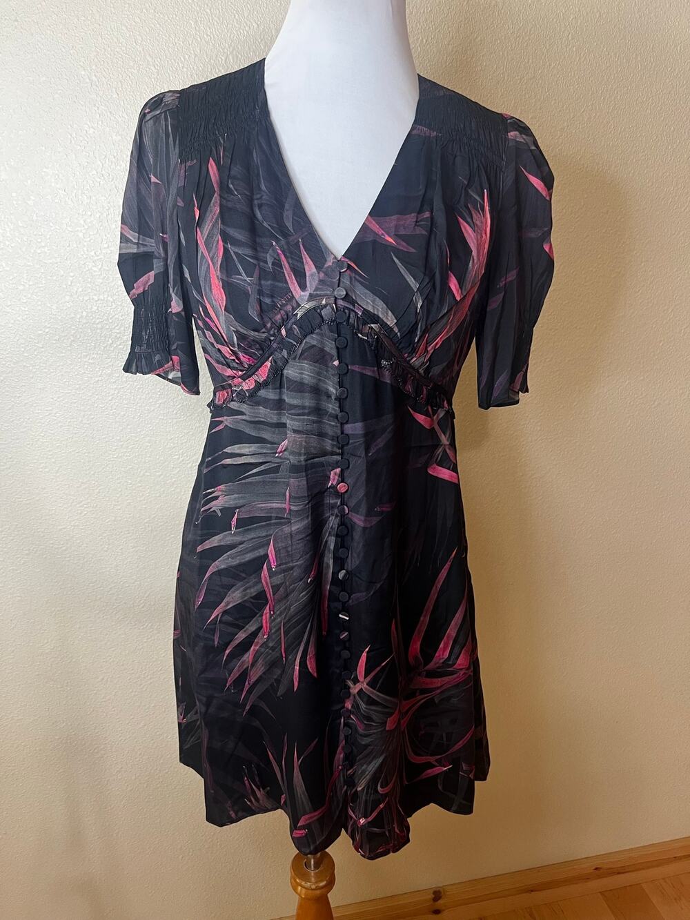 AllSaints Demi Luar Black Botanical Mini Dress WOMENS 6
